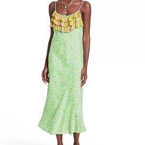 Rixo X Target Green Leopard Ruffle Slip Midi Dress M Vibrant Colorful Summer
